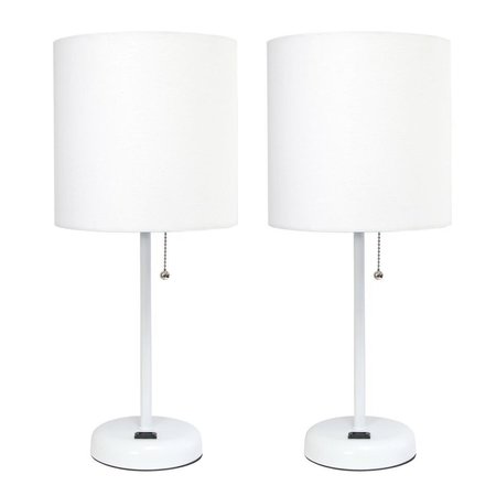 DIAMOND SPARKLE White Stick Table Lamp with Charging Outlet & Fabric Shade, White - Set of 2 DI2519791